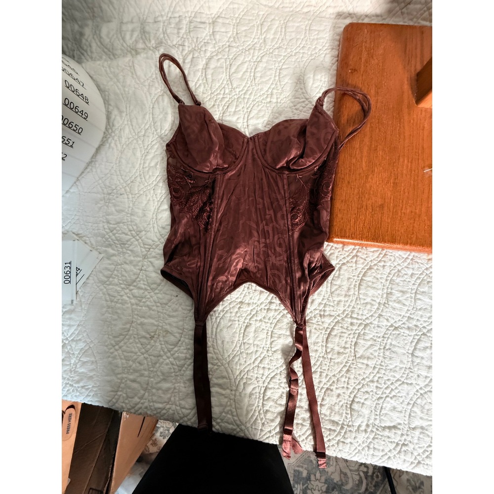 Victoria's Secret Silk Corset Top Brown Jacquard Logo Lace Garter 34C